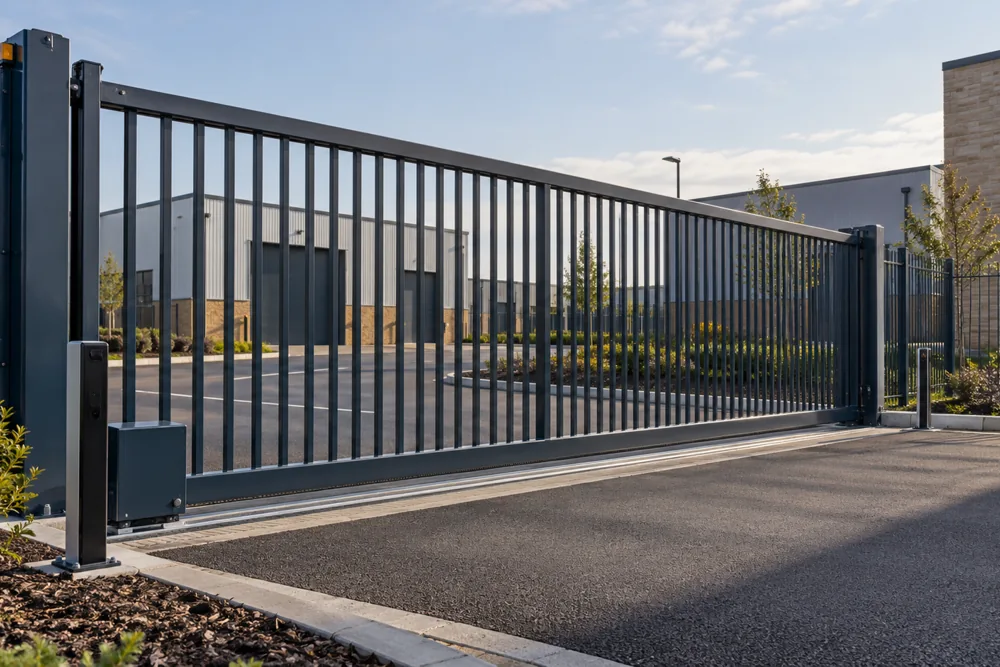 Sliding security gate at an industrial entrance